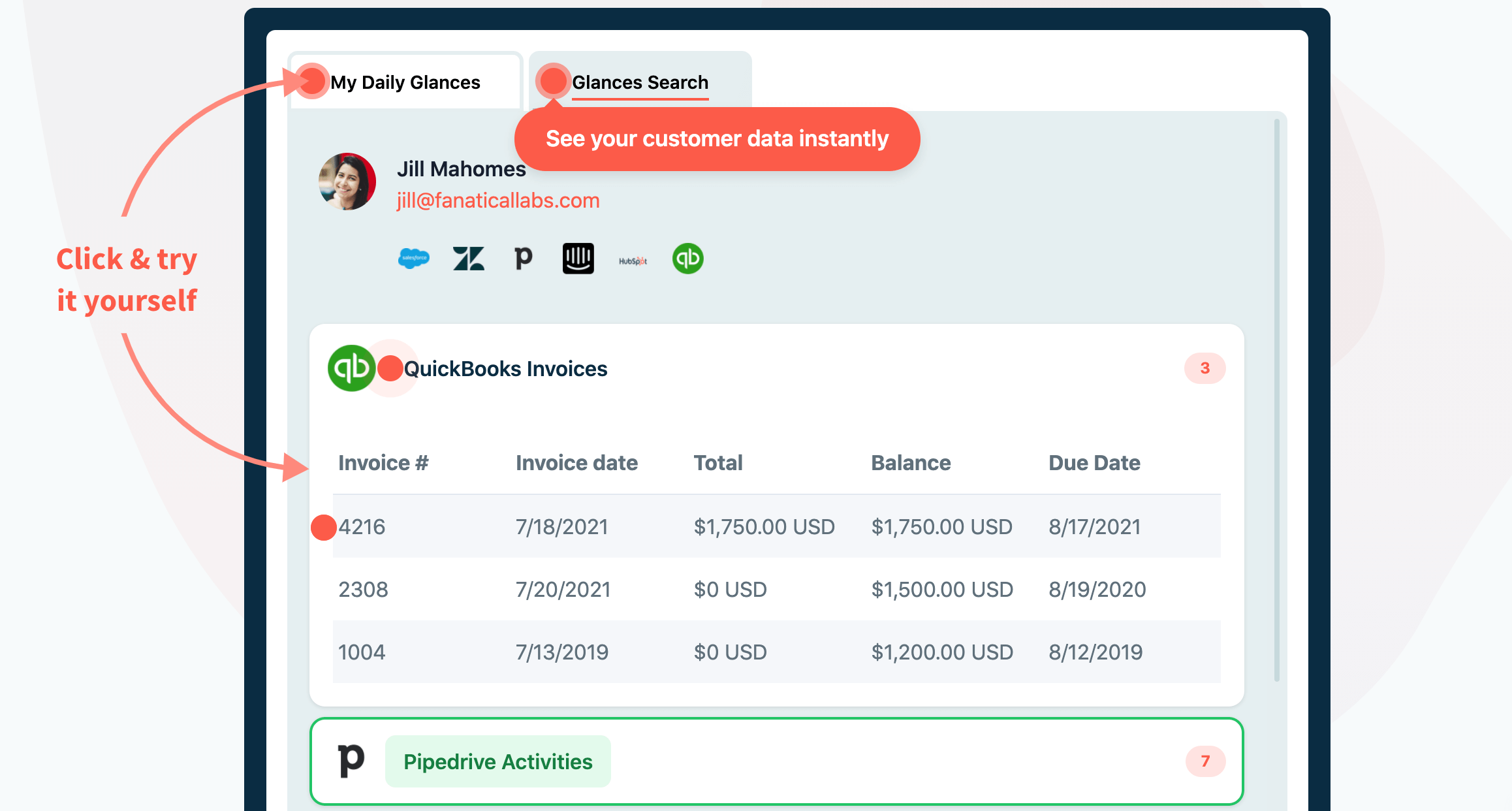 View relevant info such as all QuickBooks Invoices for a client within Glances Screenshot of a list of QuickBooks invoices visible from Glances